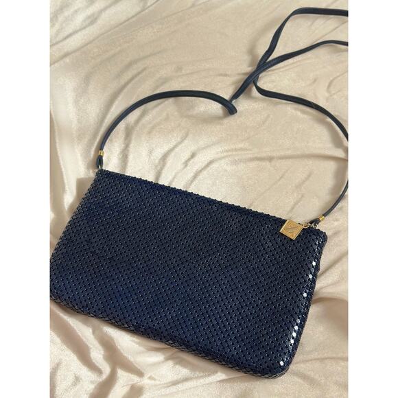 Vintage Navy Blue Crossbody Purse Chainmaille Whiting & Davis Aluminum Mesh Gold - Picture 2 of 13